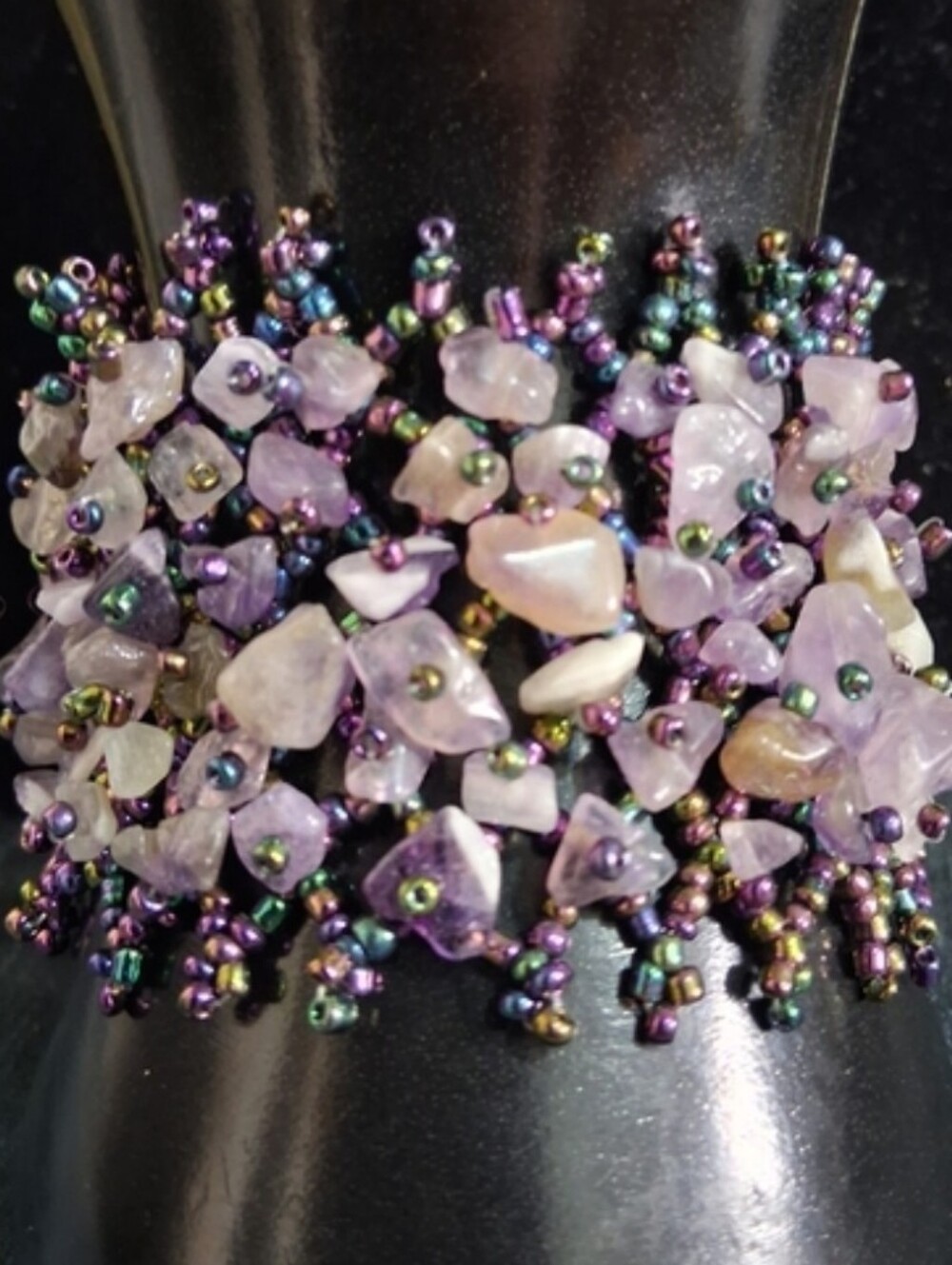 Handmade Wide African Amethyst Chip Bead Cuff Bracelet AB Seed Beads Boho